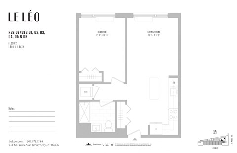 Floor plan for 1 bed, 1 bath, 670 sqft